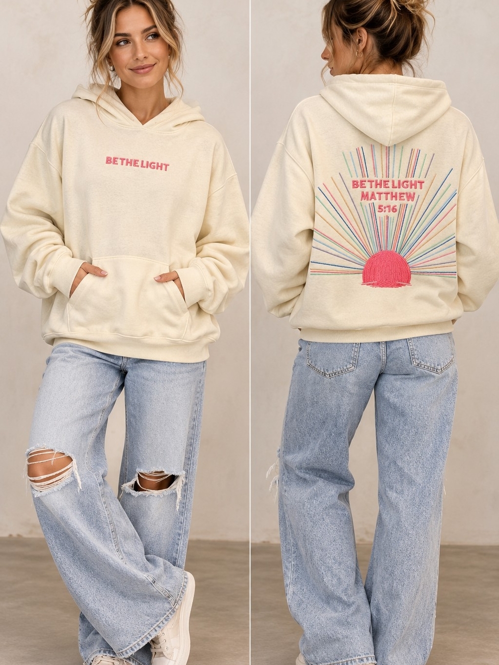 "Be The Light" Matthew 5:16 Embroidered Hoodie by the brand Faded Rose.
